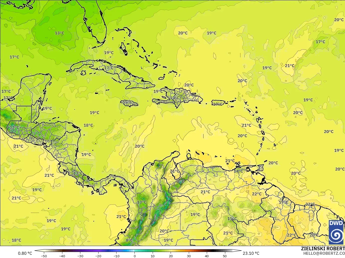 ICON modelo - Caribe, Temperatura a 850 hPa