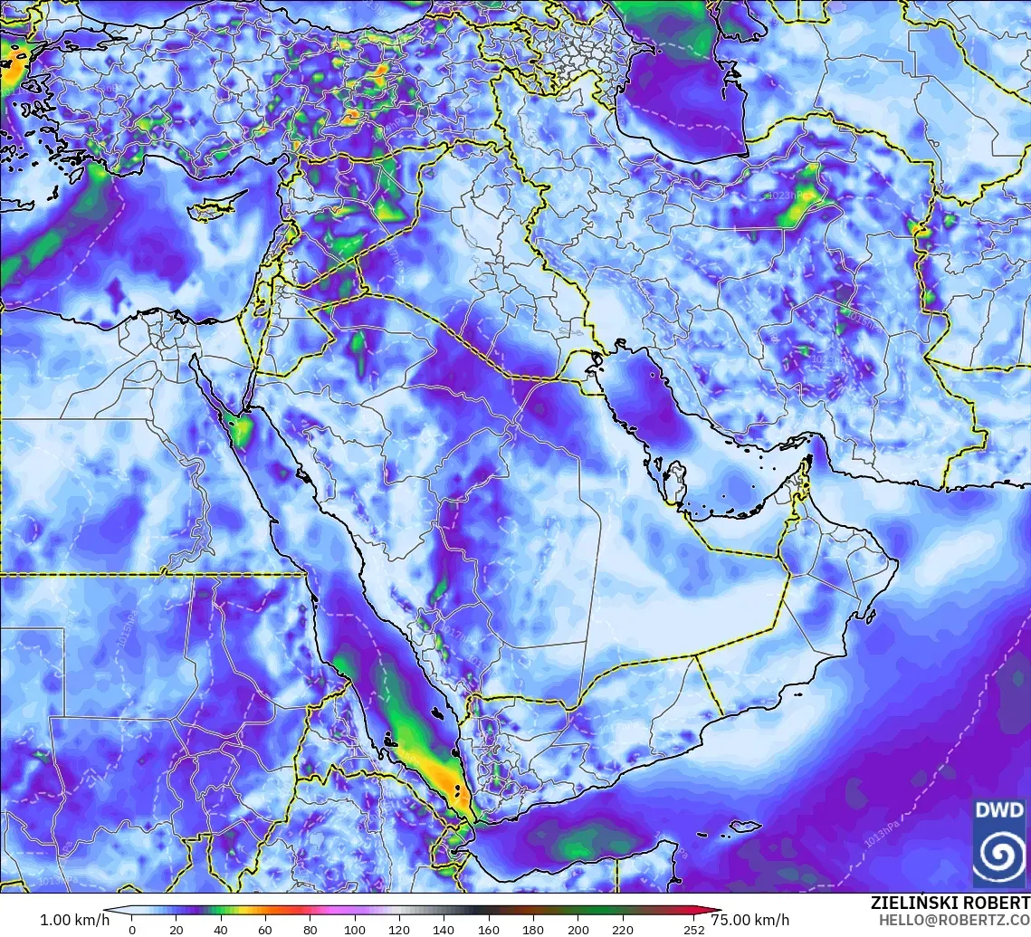 ICON modelo - Oriente Medio, Ráfagas de Viento Máximas