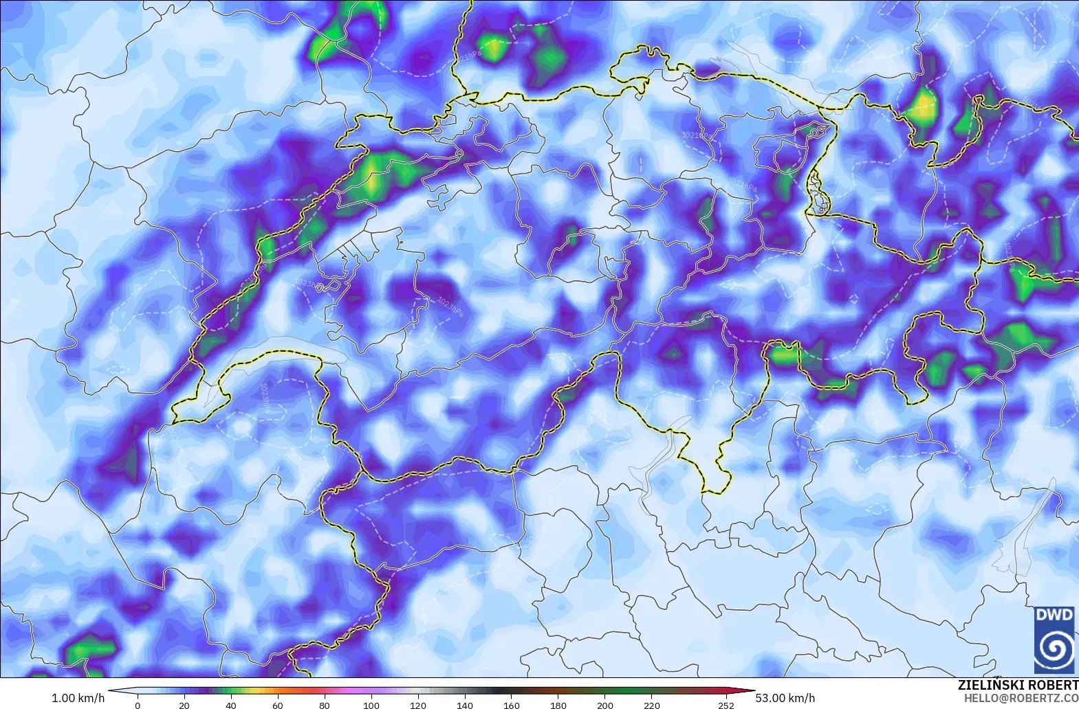 ICON modelo - Suiza, Ráfagas de Viento Máximas