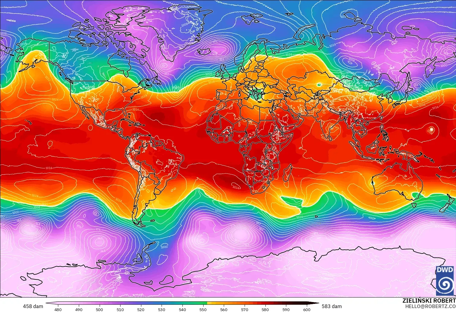 ICON modelo - Mundo, Altura geopotencial a 500 hPa