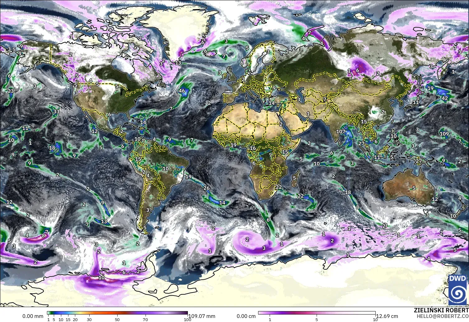 ICON modelo - Mundo, Precipitación, nubes y presión