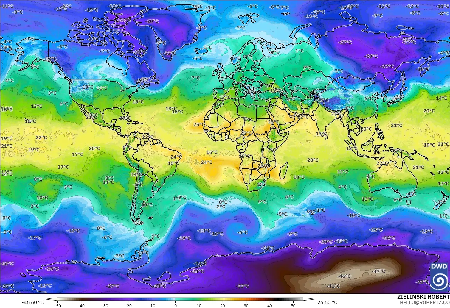 ICON modelo - Mundo, Temperatura a 850 hPa