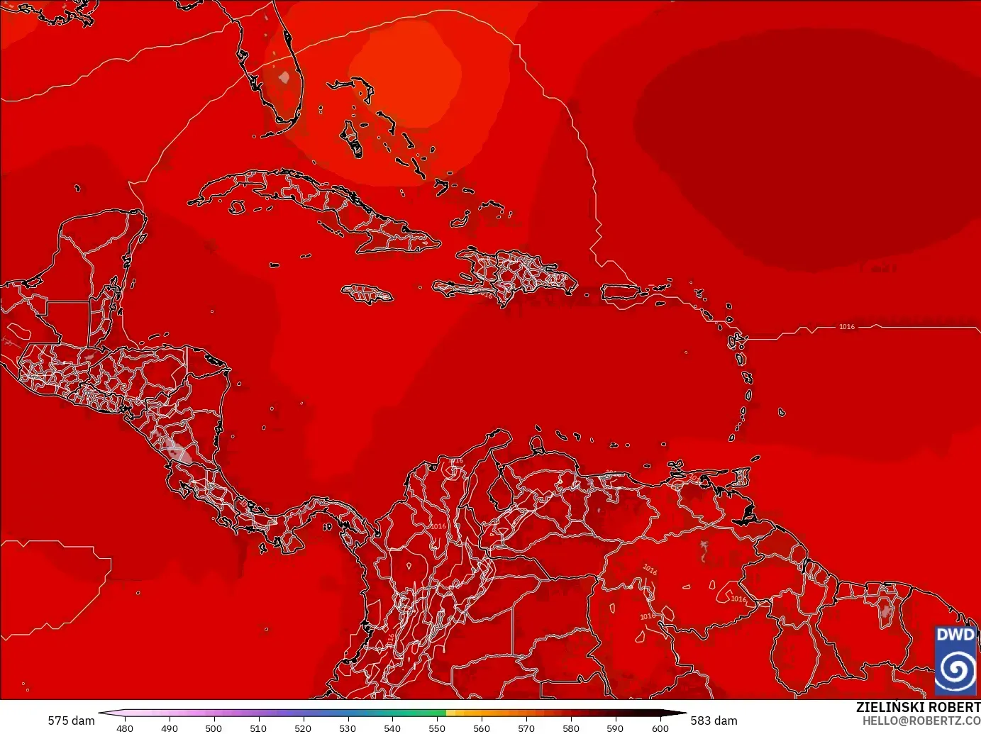 ICON modelo - Caribe, Altura geopotencial a 500 hPa