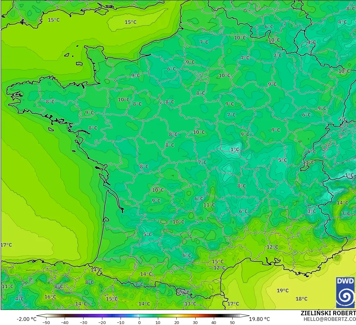 ICON modelo - Francia, Temperatura a 2 m