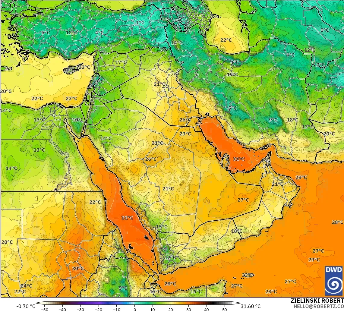 ICON modelo - Oriente Medio, Temperatura a 2 m