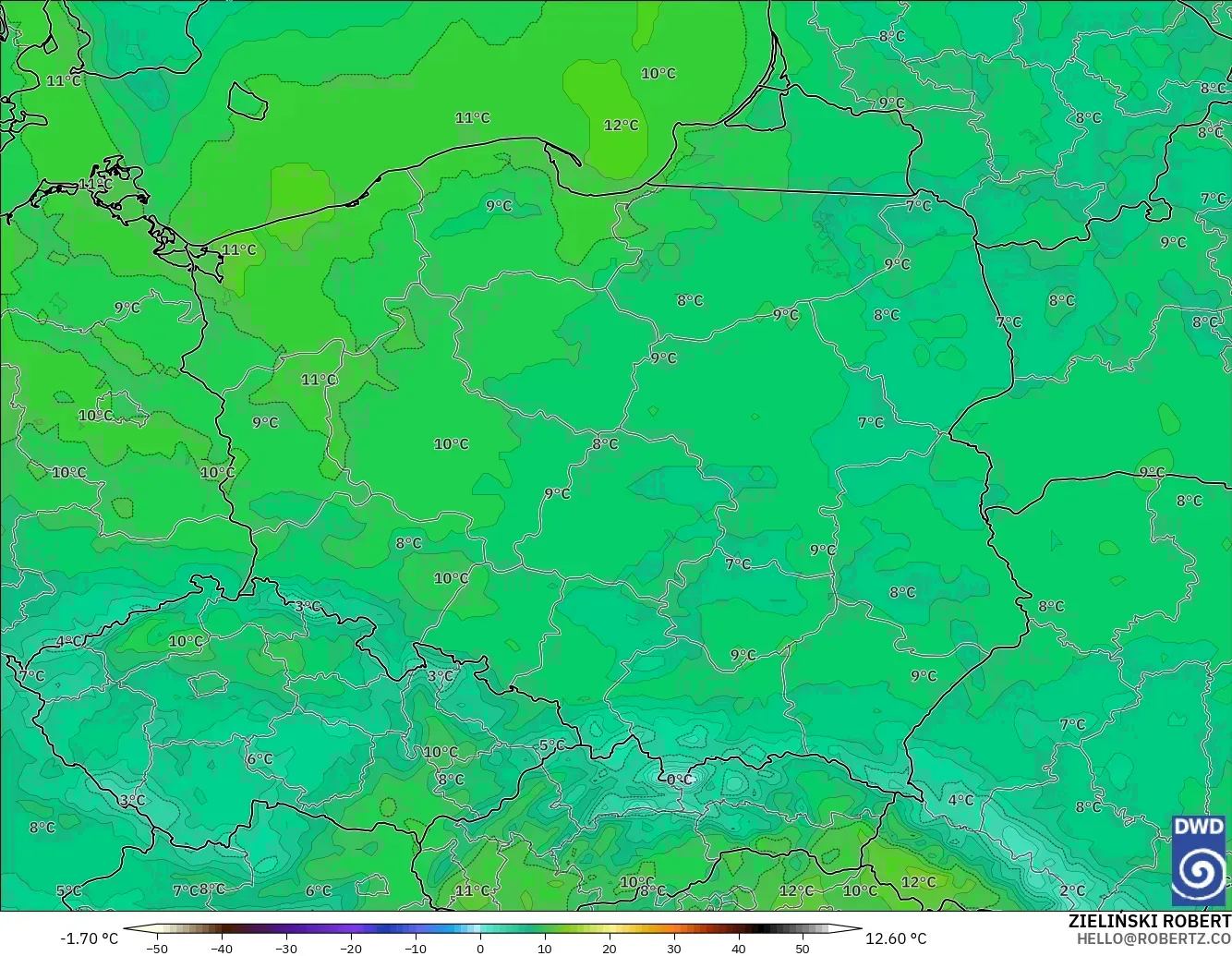 ICON modelo - Polonia, Temperatura a 2 m