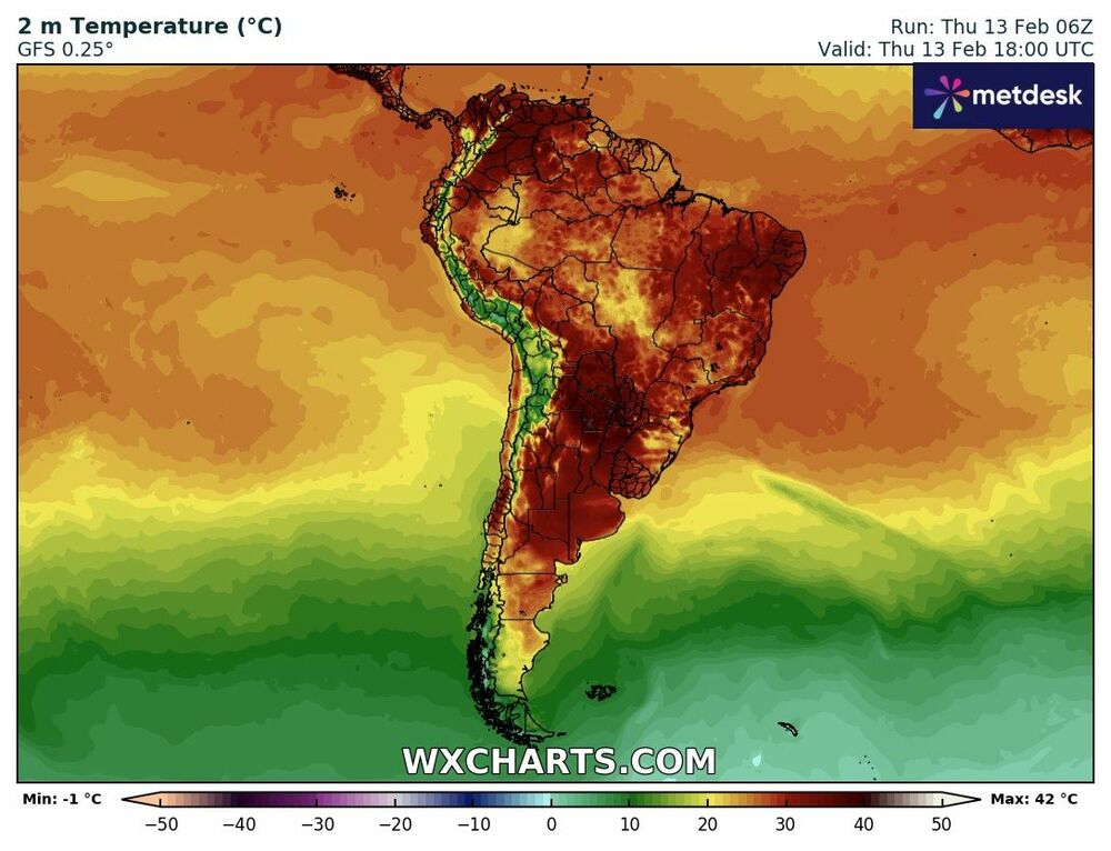 Mapa de temperaturas en Sudamérica - 13 de febrero de 2025
