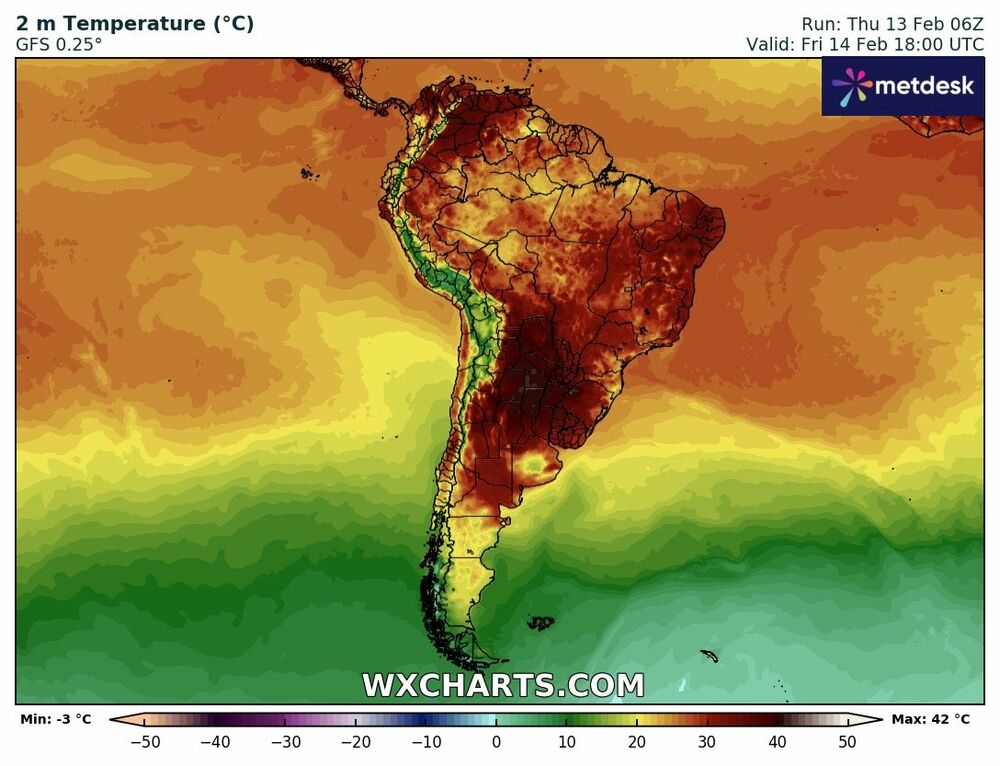Mapa de temperaturas en Argentina - 14 de febrero de 2025