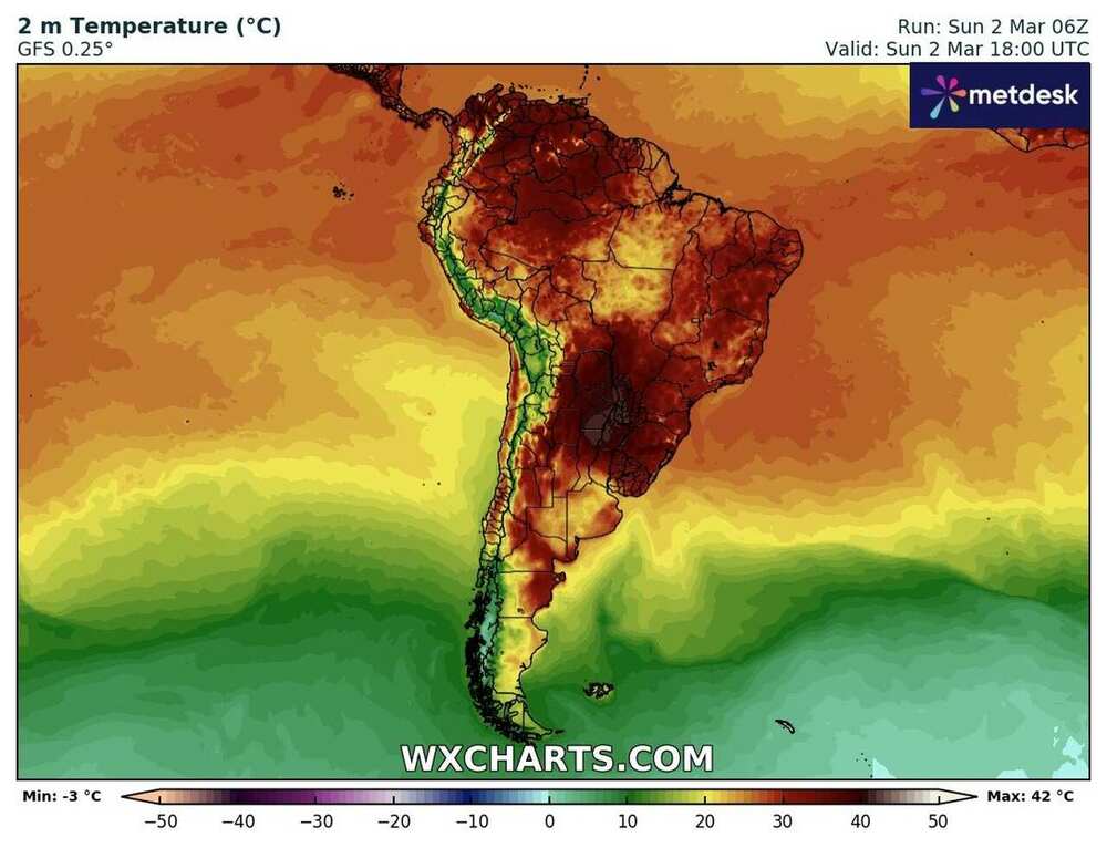 Mapa de temperaturas en Argentina - 2 de marzo de 2025