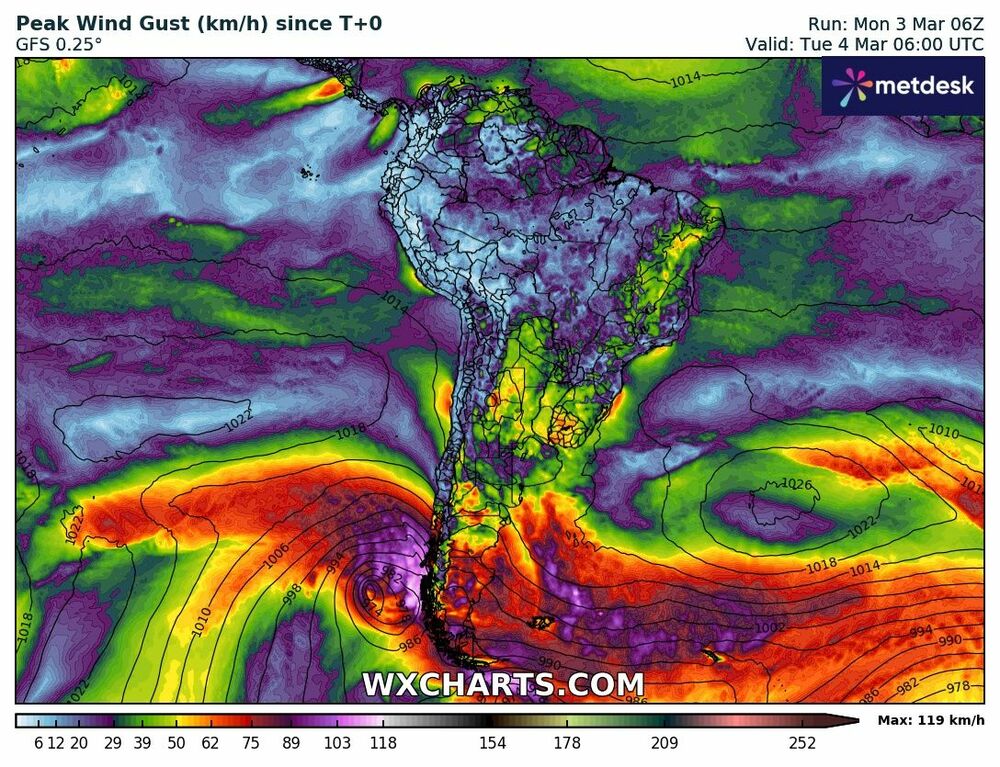 Mapa de Ráfagas de Viento en Argentina - 3 de Marzo 2025
