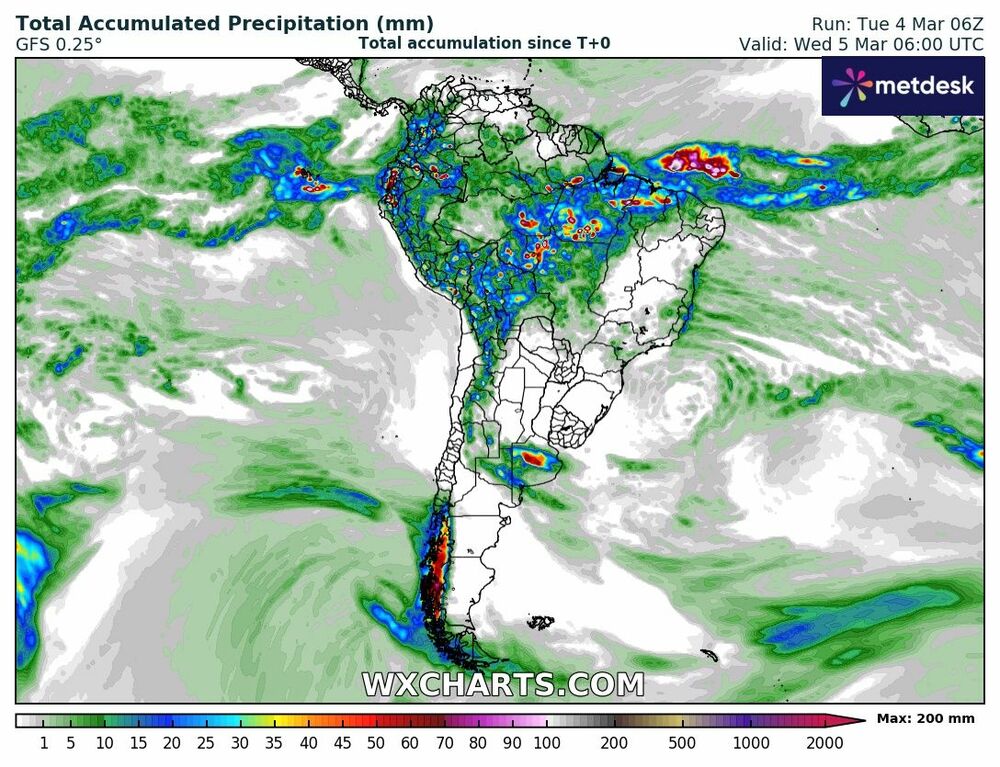 Mapa de Precipitación Total en Argentina – 4 de Marzo de 2025