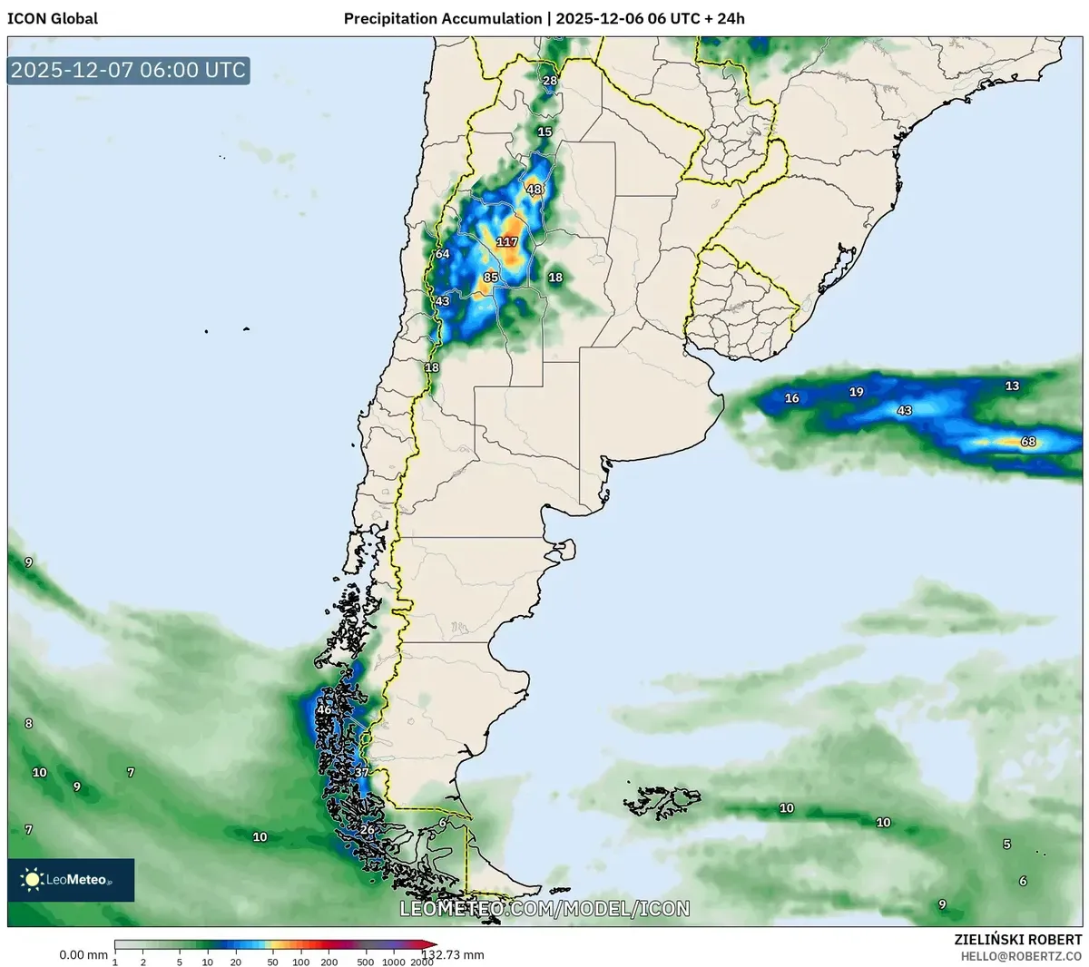 Pronóstico de Acumulación de Precipitaciones para Argentina – Impacto del Frente Frío 2025-12-06