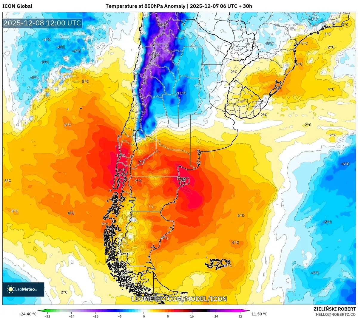 2025-12-07 Pronóstico de Lluvia Intensa y Vientos de 95 km/h para Argentina – Mapa de Anomalías de Temperatura
