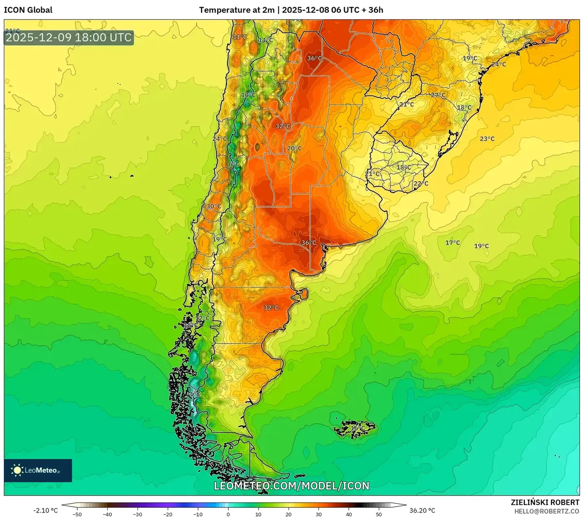 2025-12-08 Mapa de anomalía de temperatura en Argentina – Nieve en Patagonia y ola de calor en el norte