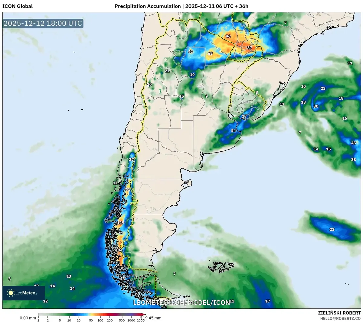 Precipitation Accumulation Forecast – Snow & Rain from Extreme Cold Front 2025‑12‑11 in Argentina