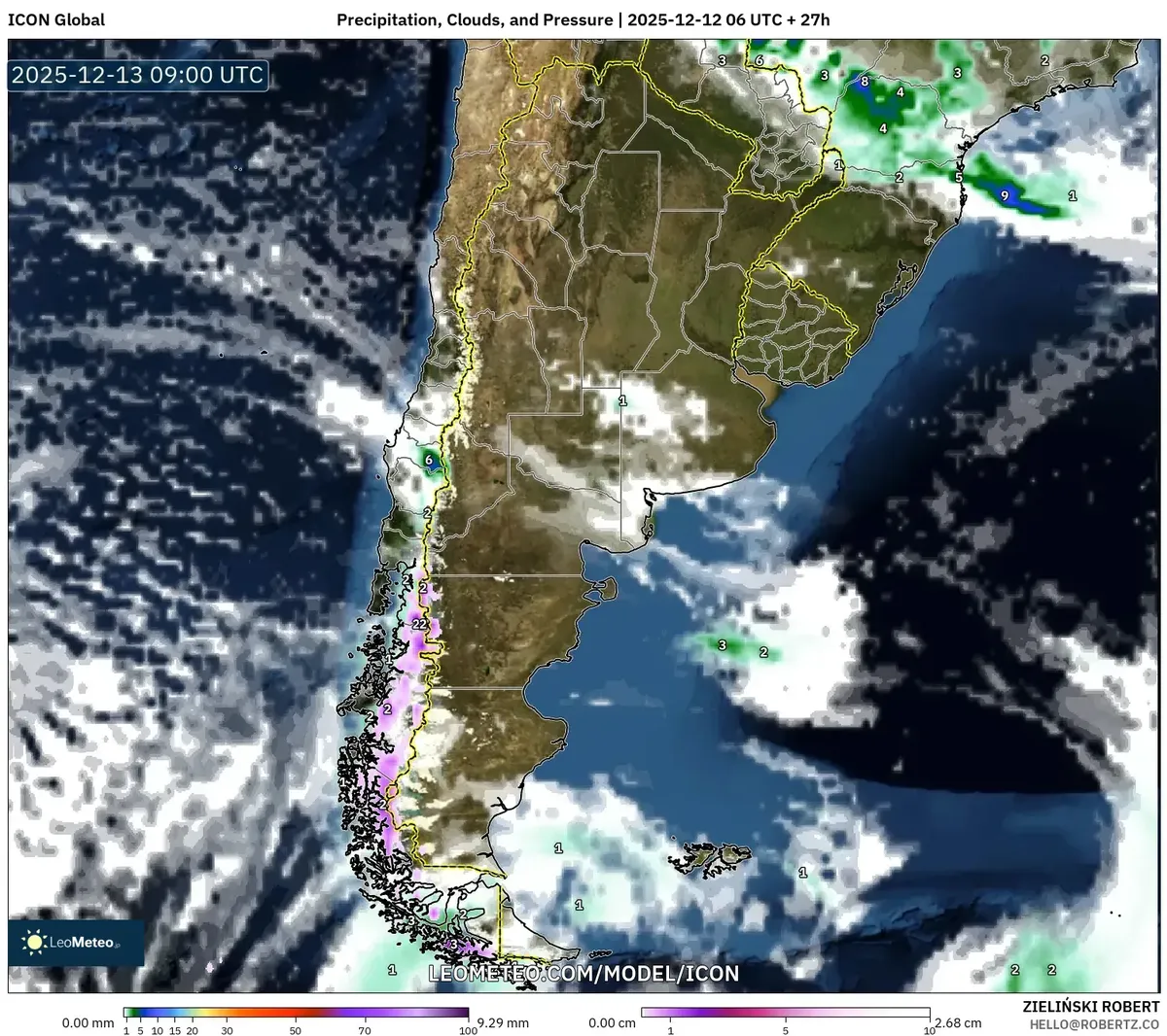 2025-12-12 Snowfall Forecast for Southern Argentina – Saturday Snow Depth Map