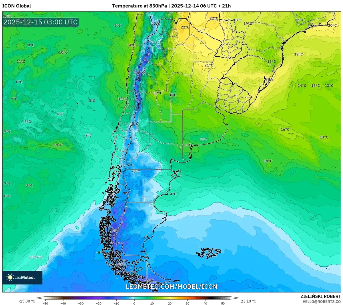 Anomalía de aire frío sobre Patagonia – Mapa del tiempo del 14 de dic de 2025 en el sur de Argentina con nieve y condiciones frías