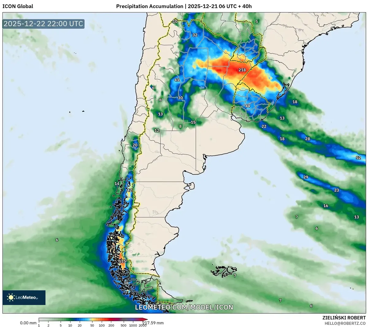 Mapa de Acumulación de Precipitaciones de Argentina – Pronóstico de Lluvias Fuertes para el 22 de diciembre de 2025