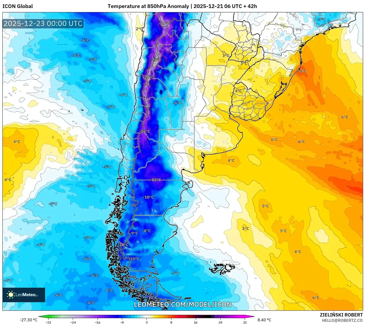 Mapa de anomalía de temperatura de la ola de calor en Argentina – 22 de diciembre de 2025