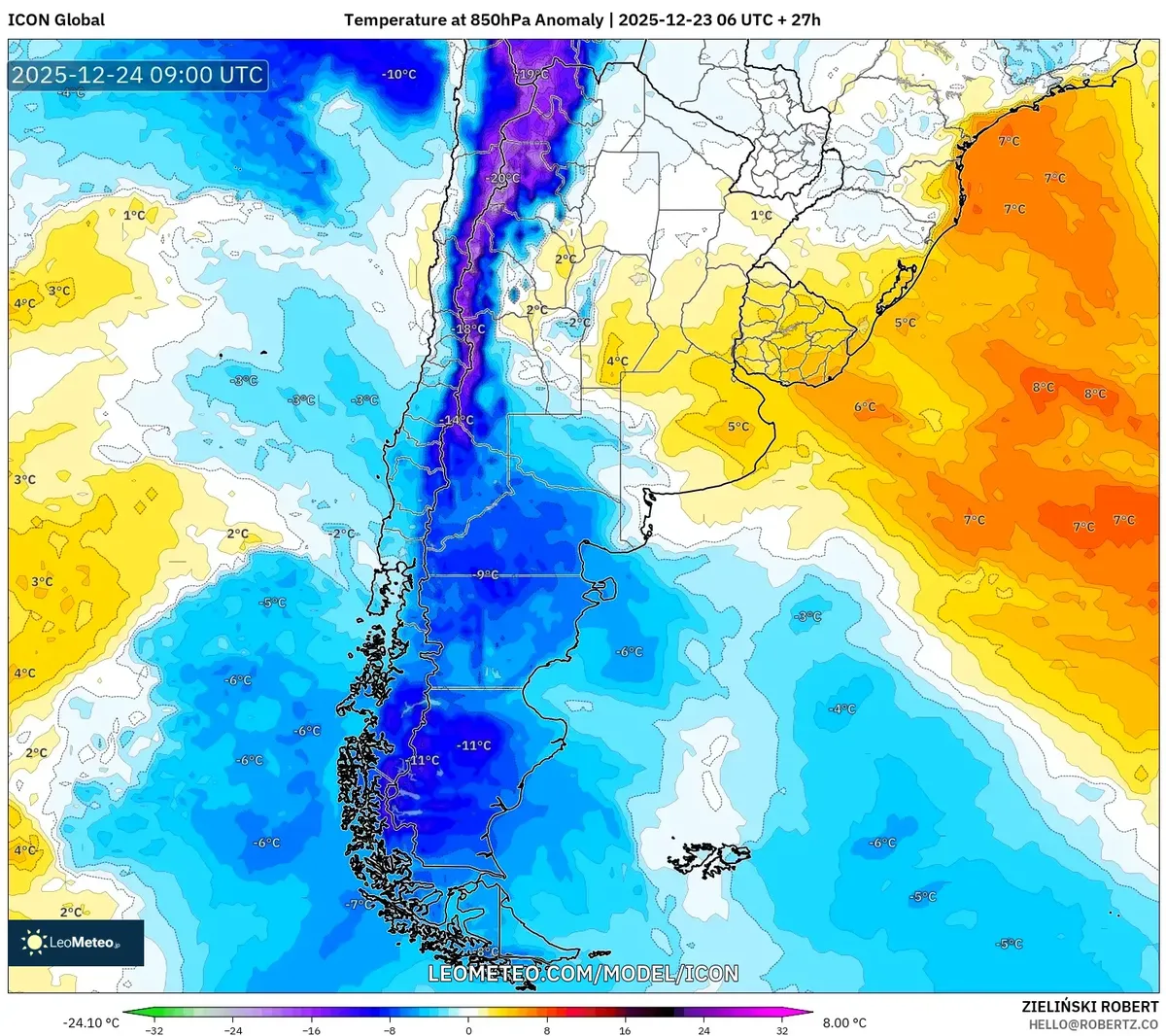 Nochebuena 2025‑12‑23 Mapa de anomalía de temperatura – Calor intenso y chubascos dispersos en Argentina