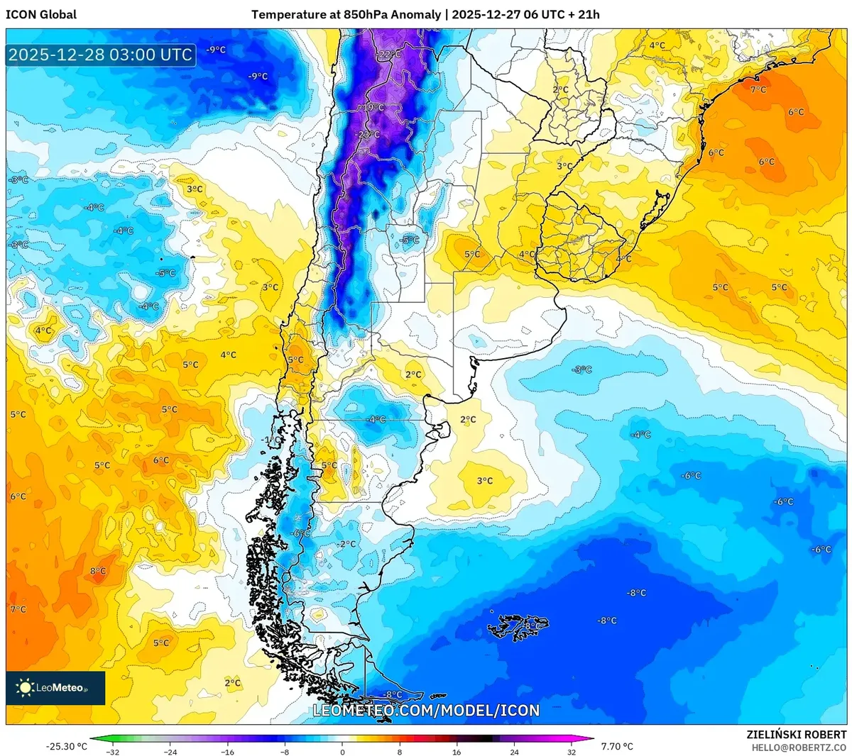 Anomalía de Temperatura a Nivel Nacional para Argentina, dic 28, 2025