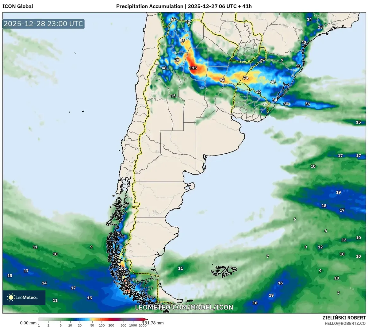 Perspectiva de lluvias intensas para el centro de Argentina el 28 de dic, 2025