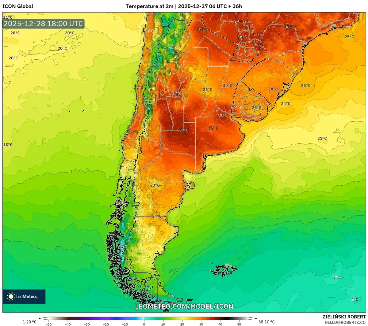 Pico de calor al mediodía en la Argentina central, 28 dic, 2025