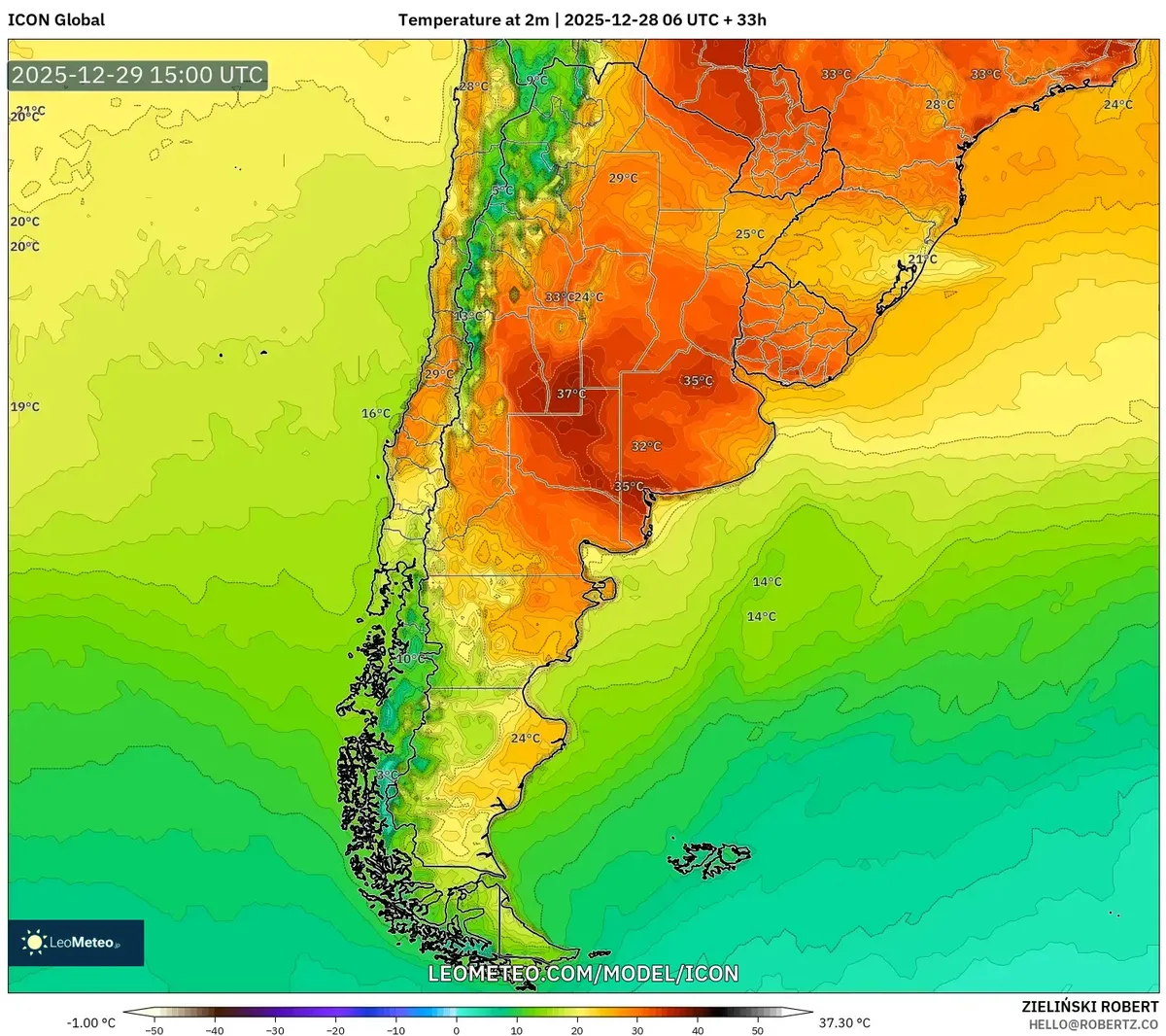 Pico de calor azotando a la Argentina central el 29 de dic 2025