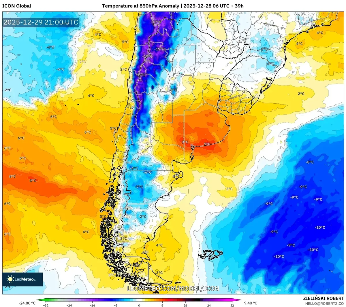 Masa de aire frío persistiendo en el sur de Argentina el 29 de dic 2025