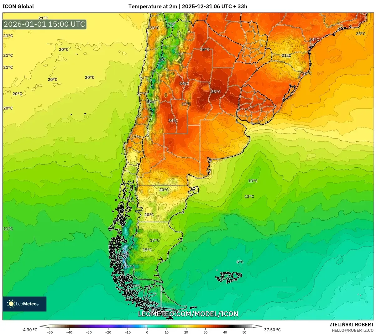Golpe de calor máximo en el centro de Argentina el 1 de enero de 2026
