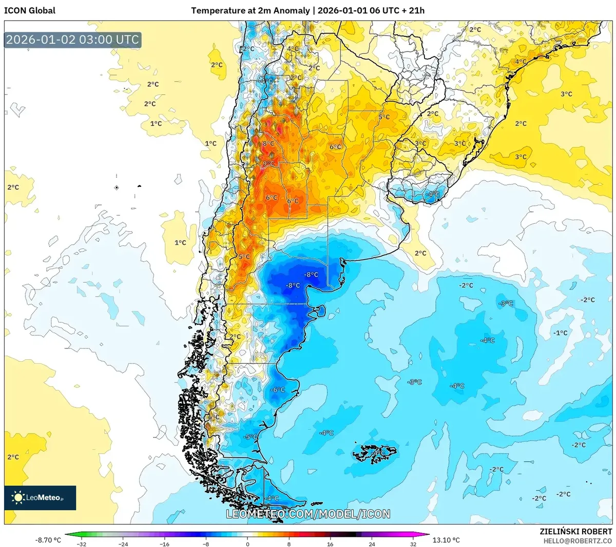 Anomalias de temperatura que resaltan el calor central el 2 de enero de 2026
