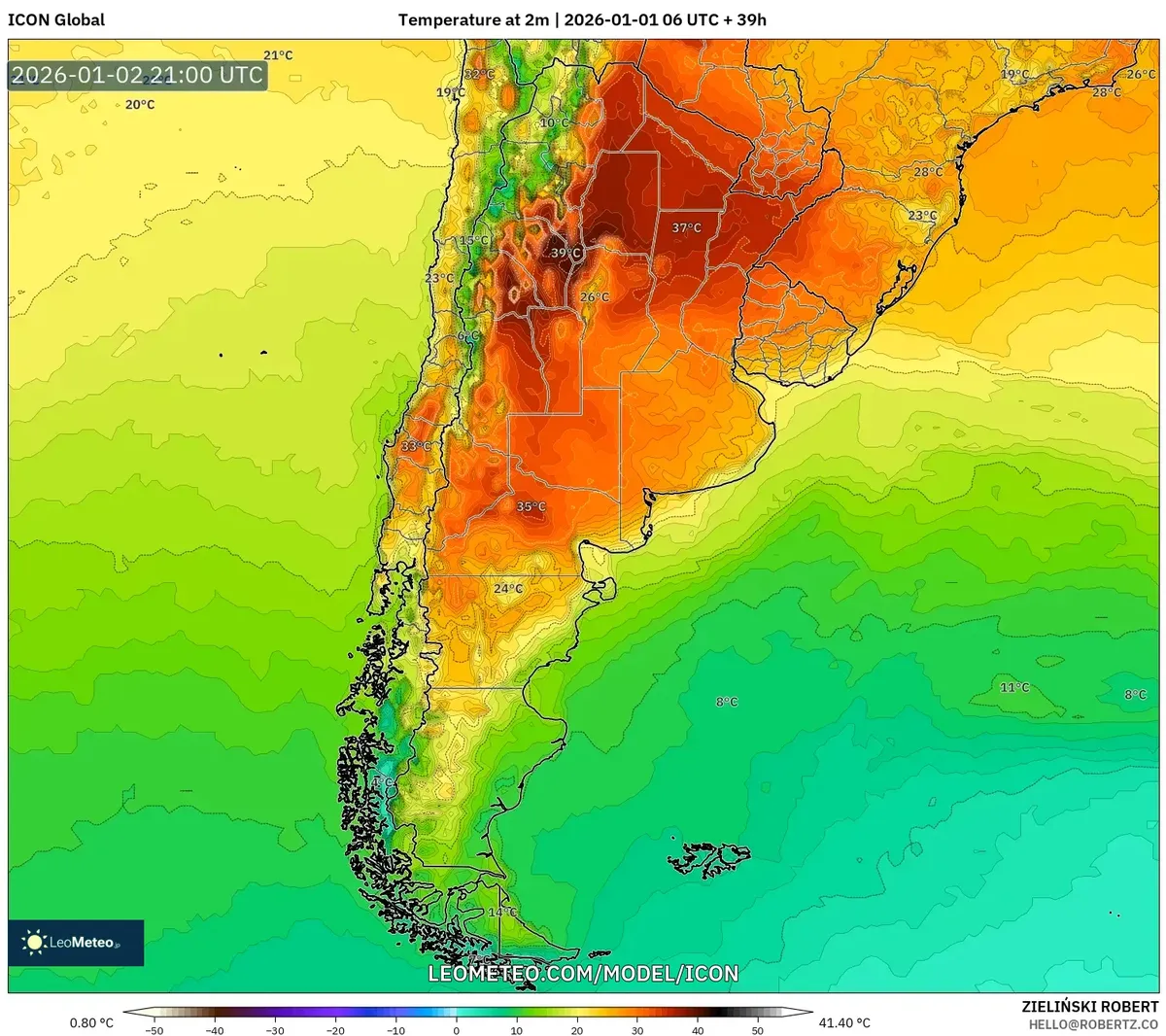 Pico de calor azotando a la Argentina central el 2 de enero de 2026