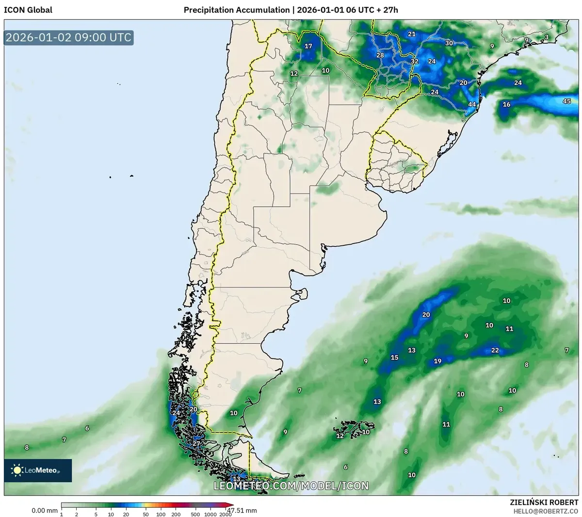 Precipitaciones en el Sur el 2 de enero de 2026