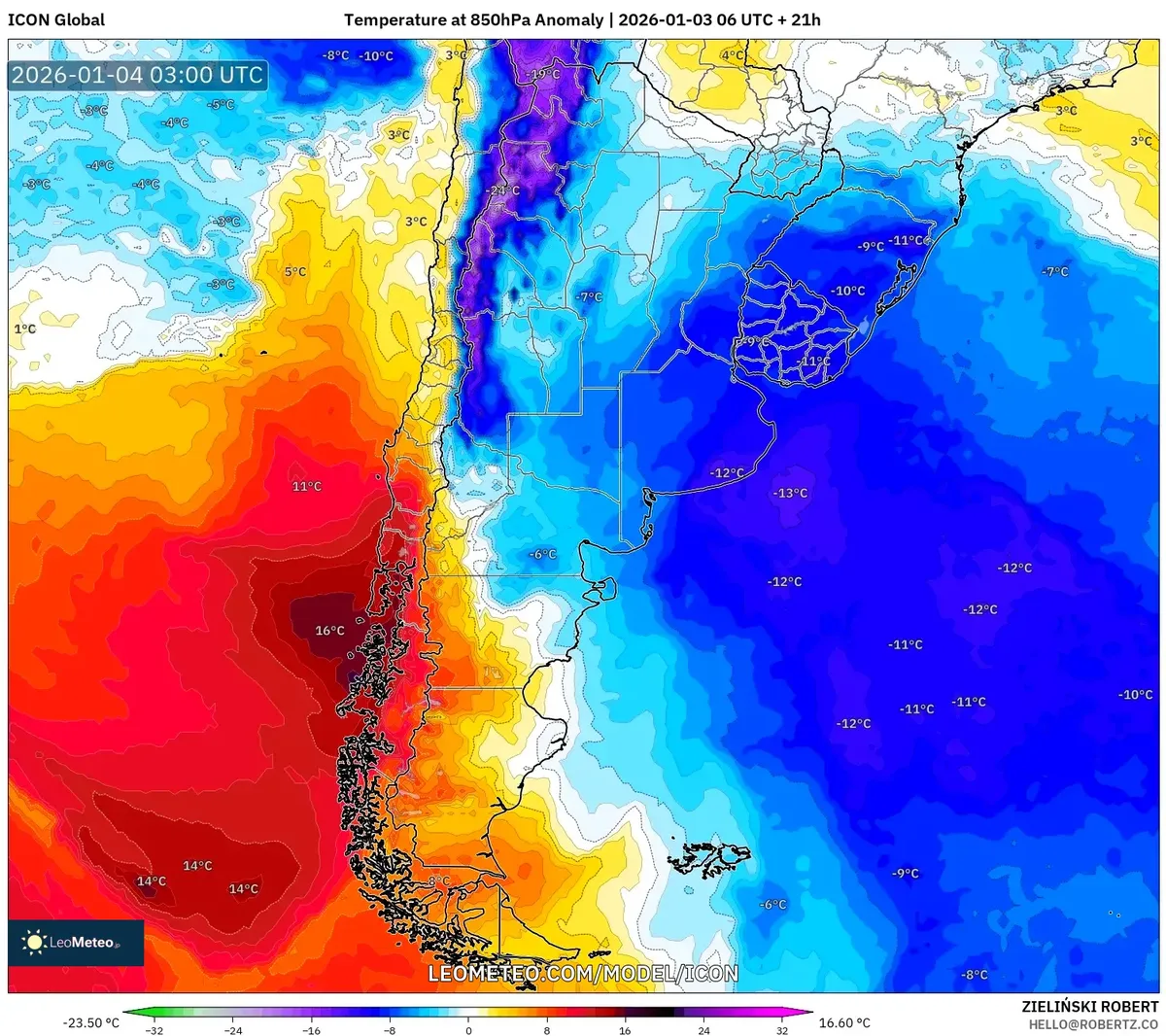 Anomalía de temperatura en 850hPa a través de Argentina el 4 de enero de 2026