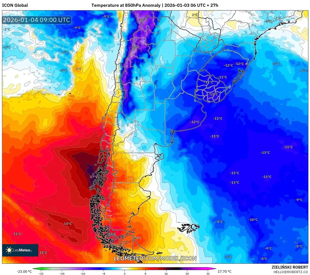 Anomalía de temperatura en el norte de Argentina el 4 de enero de 2026