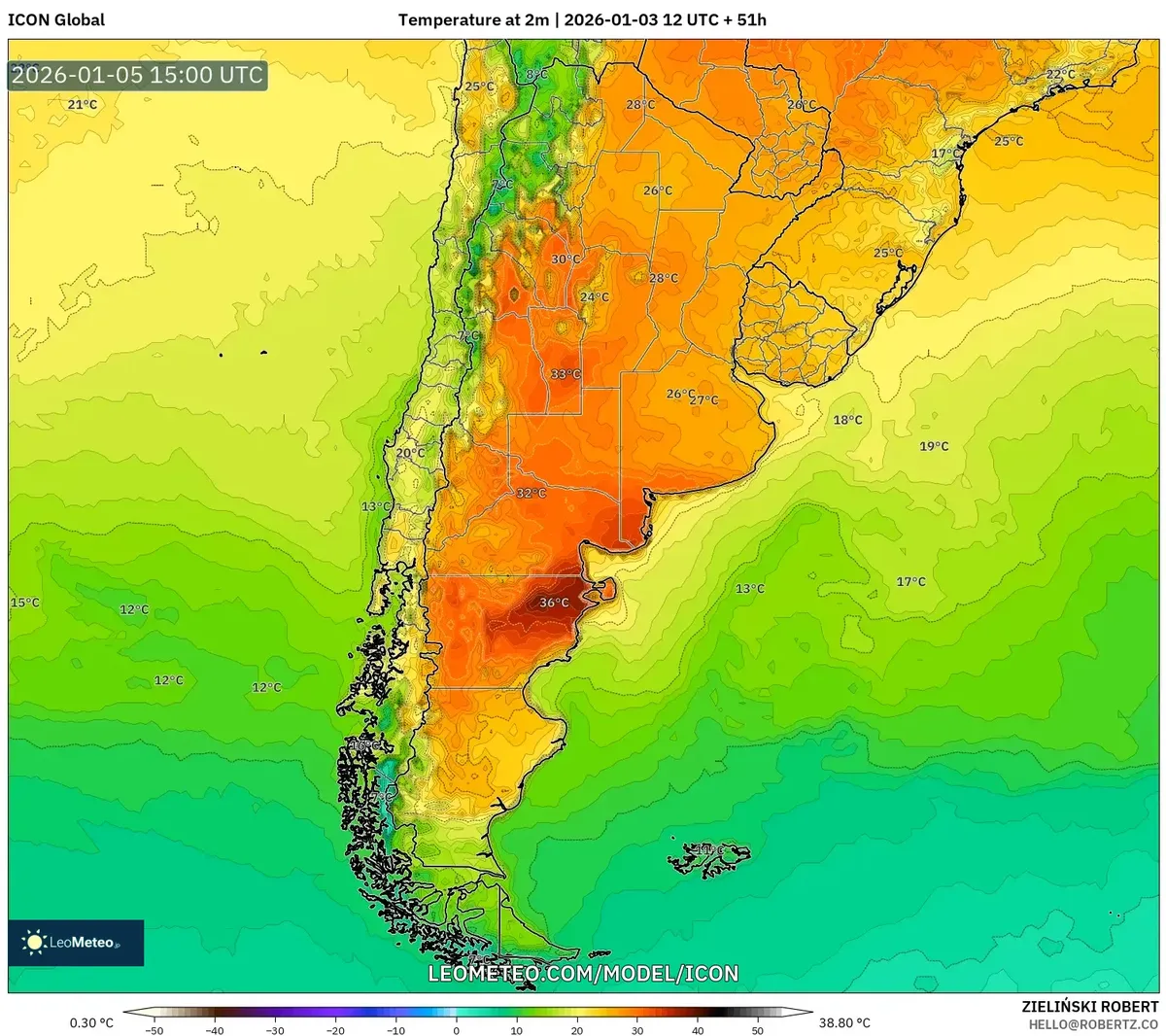 Temperatura máxima en Córdoba el 5 de enero de 2026