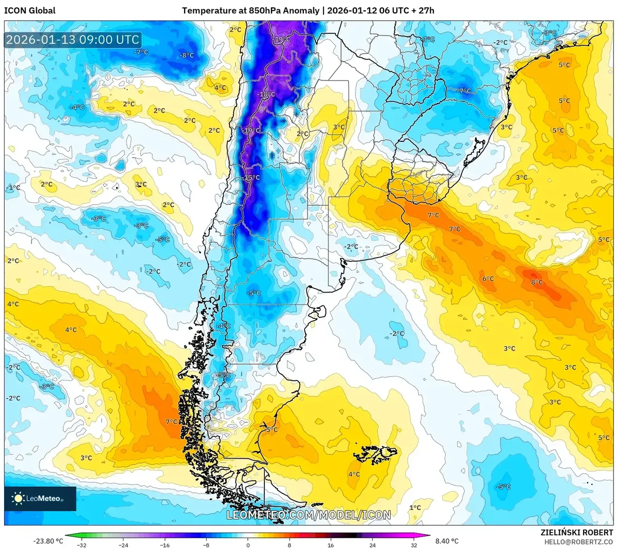Anomalía de temperatura sobre el norte de Argentina – 13 de enero de 2026