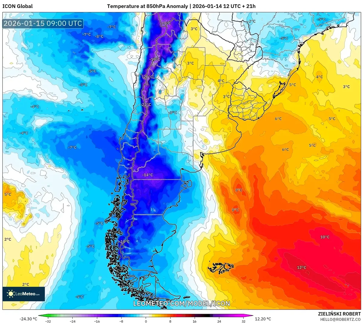 Avance del frente frío sobre el sur de Argentina - 15 de enero de 2026