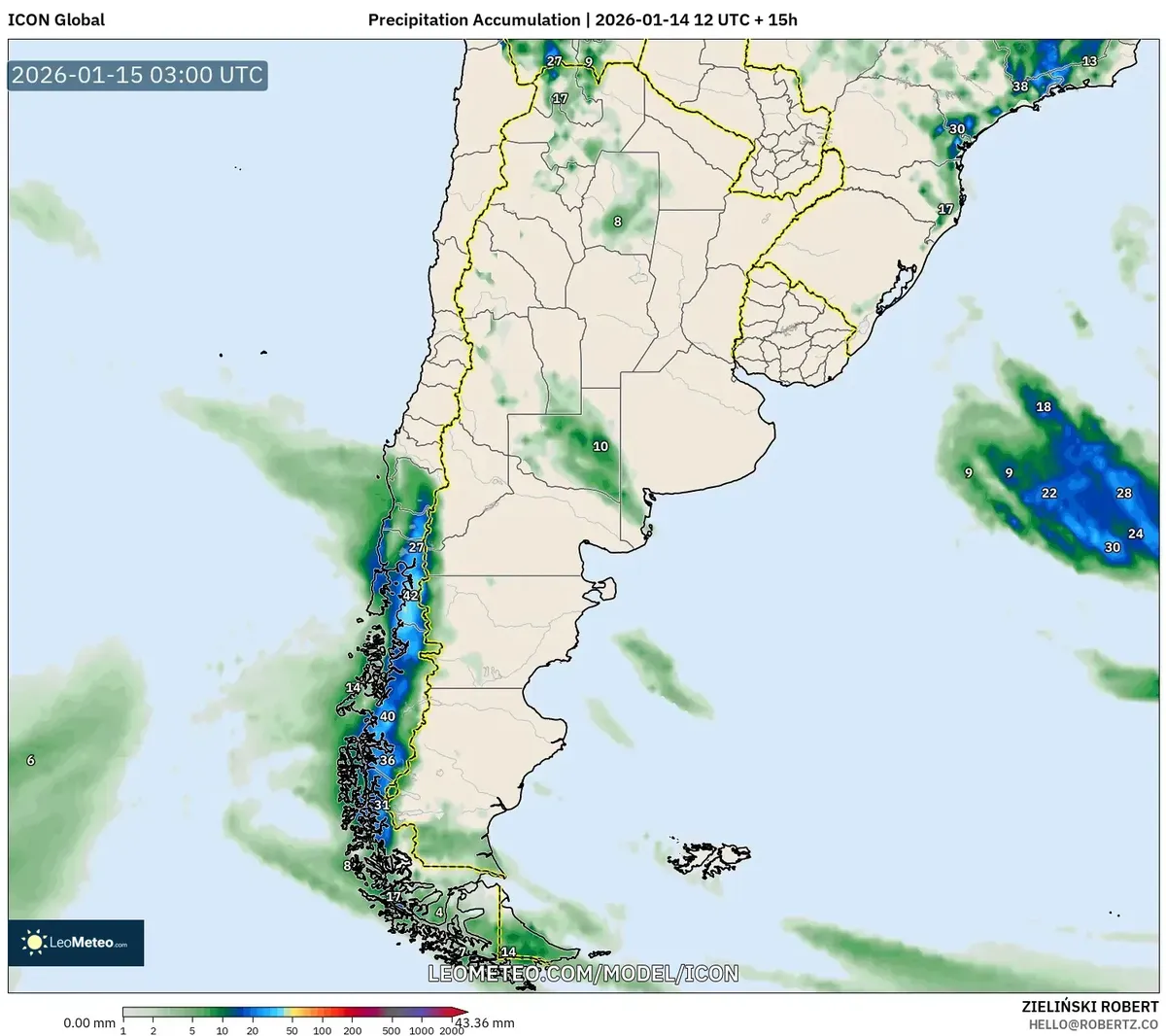 Pronóstico de acumulación de precipitación - 15 de enero de 2026