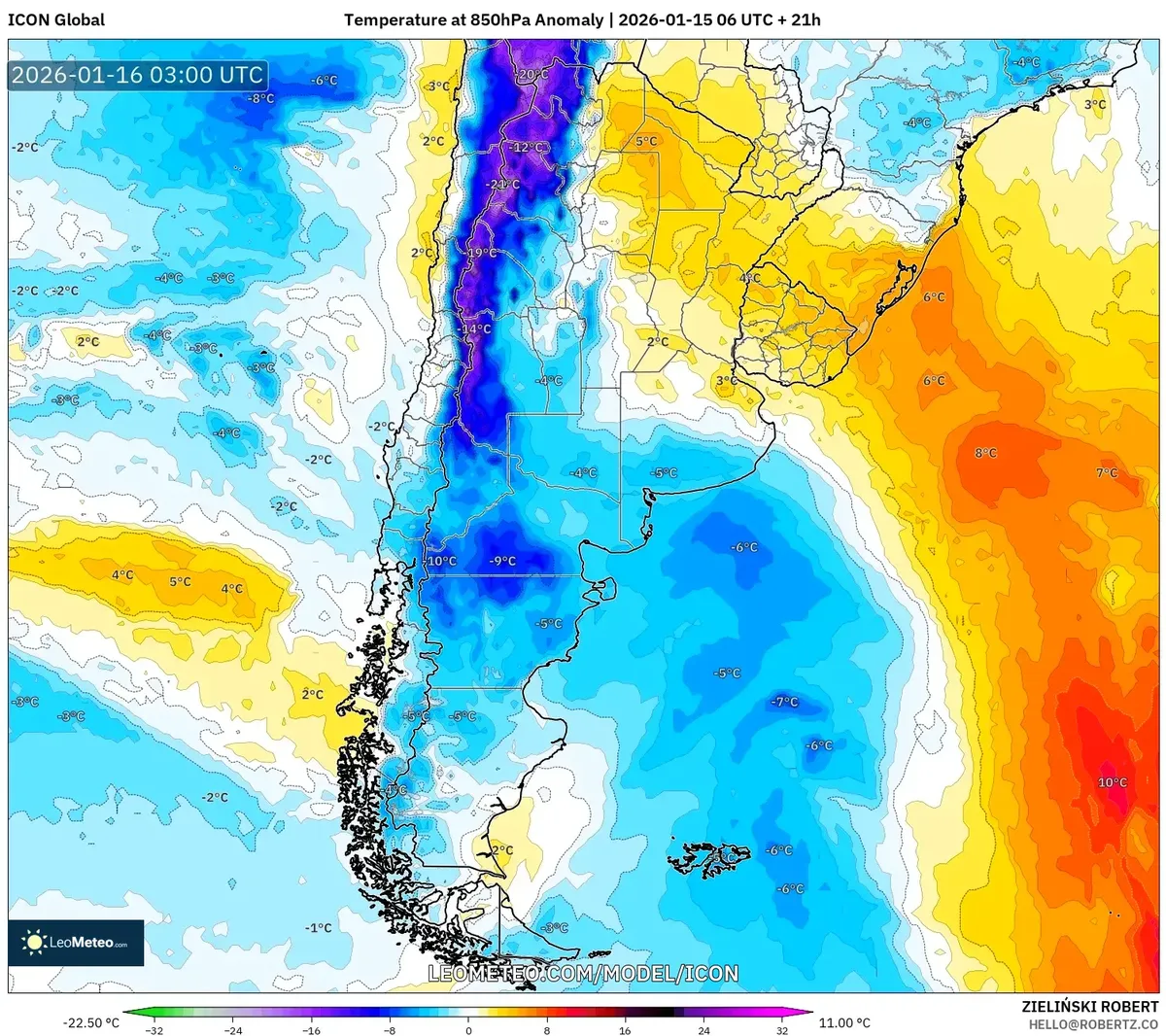 Anomalía de frío en el sur de Argentina – 16 de enero de 2026