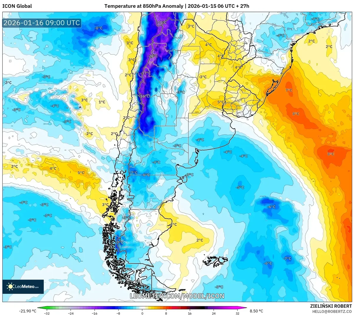 Anomalía de temperatura en el centro de Argentina – 16 de enero de 2026