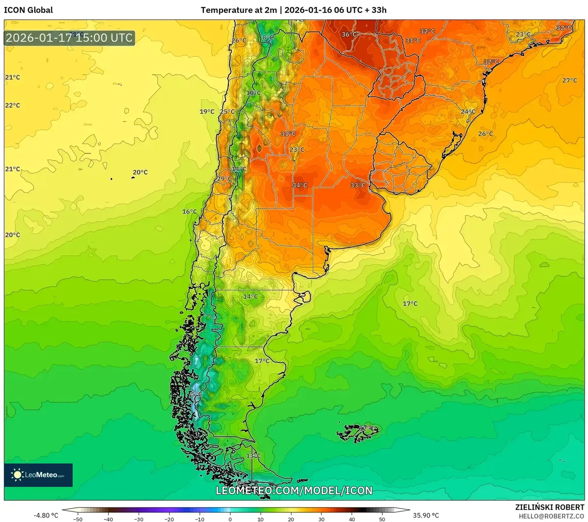 Calor máximo sobre el centro de Argentina – 17 de enero de 2026
