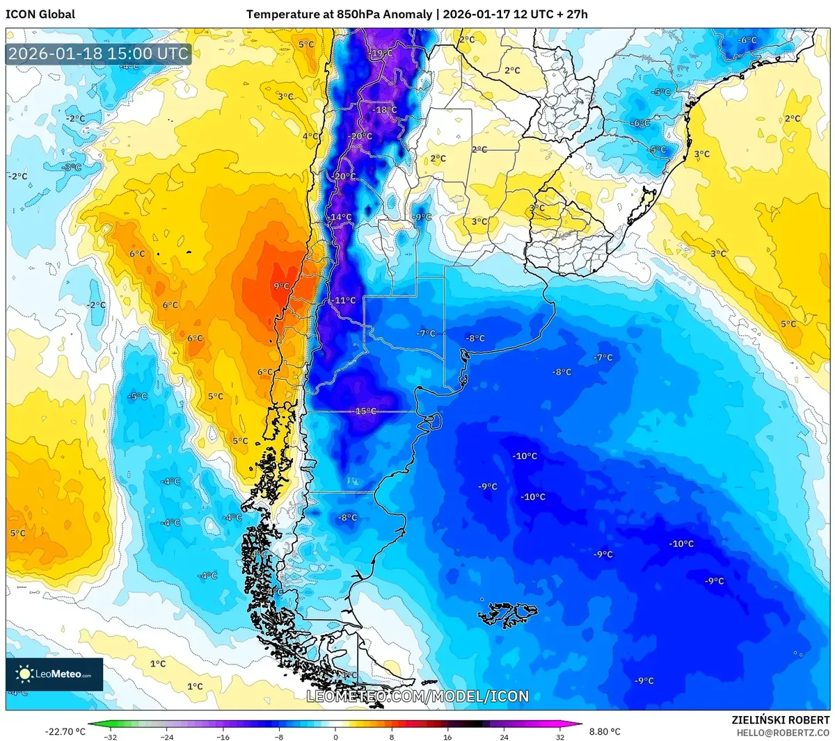 Anomalía de temperatura en el centro de Argentina – 18 de enero de 2026