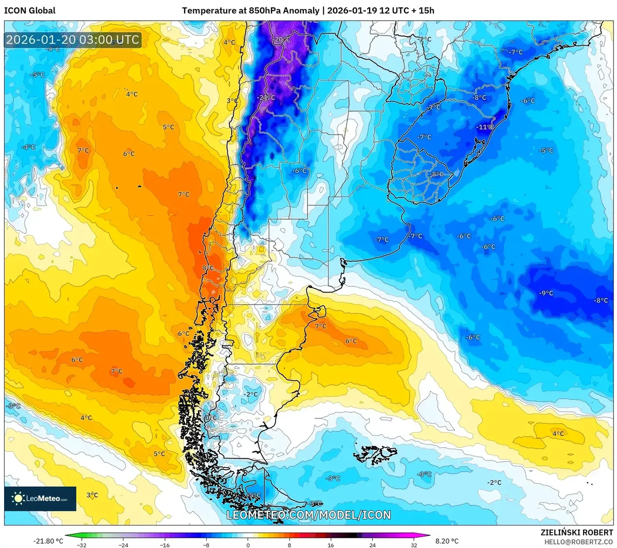 Anomalía de temperatura máxima 20 de enero de 2026