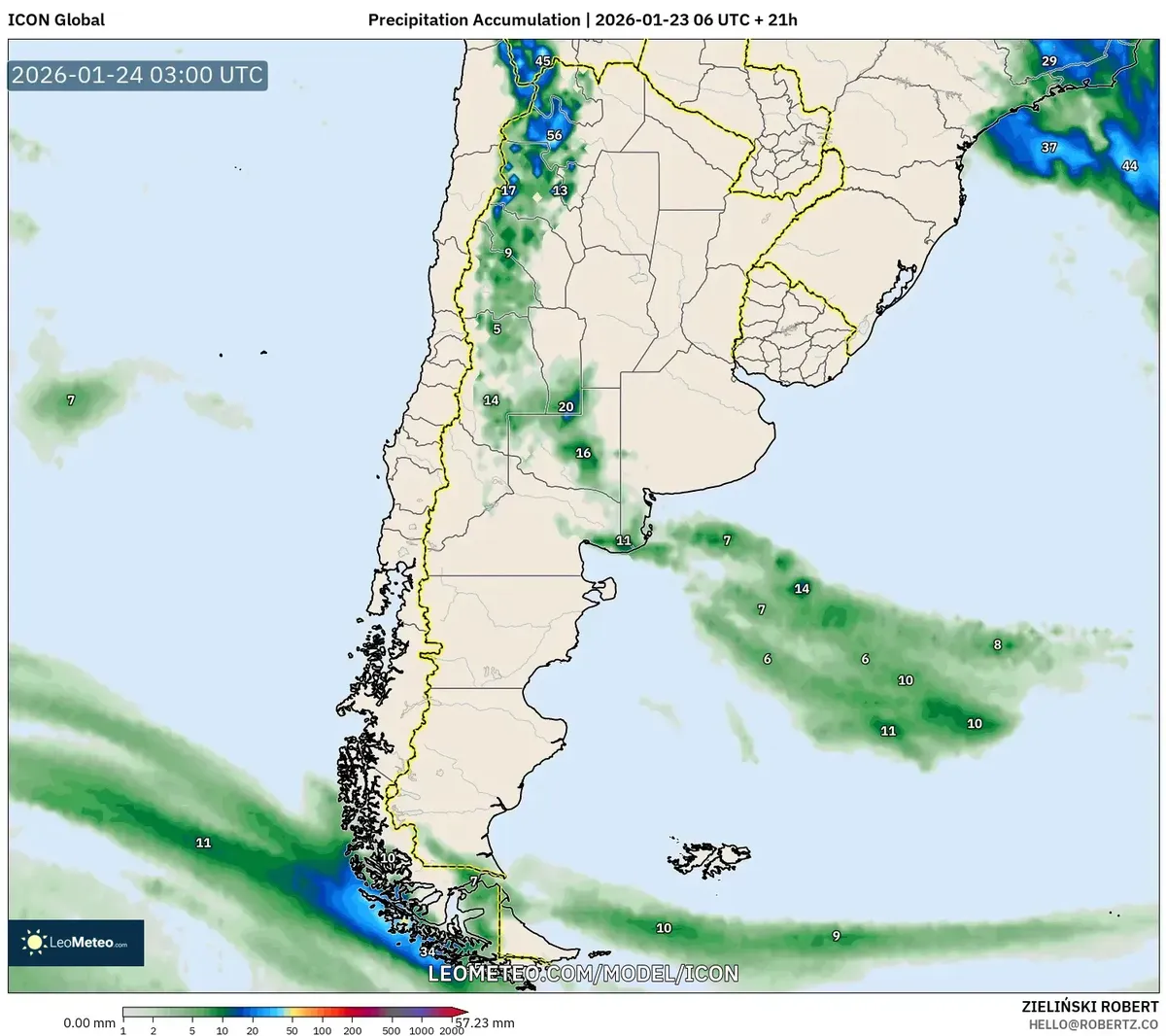 Acumulación de precipitación en el norte de Argentina – 23 de enero de 2026