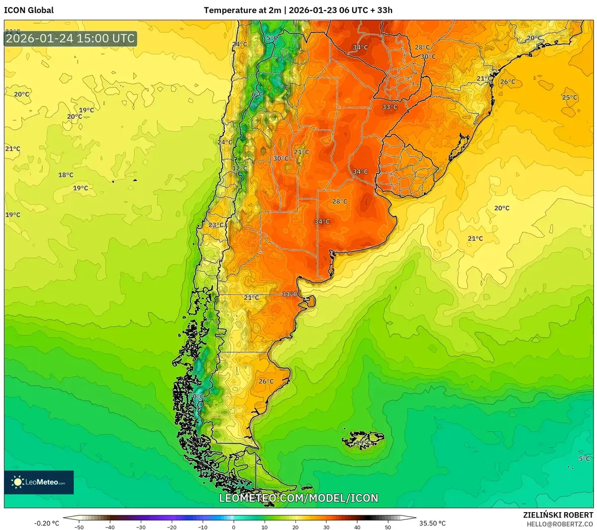 Máximo calor diurno en el centro de Argentina – 23 de enero de 2026