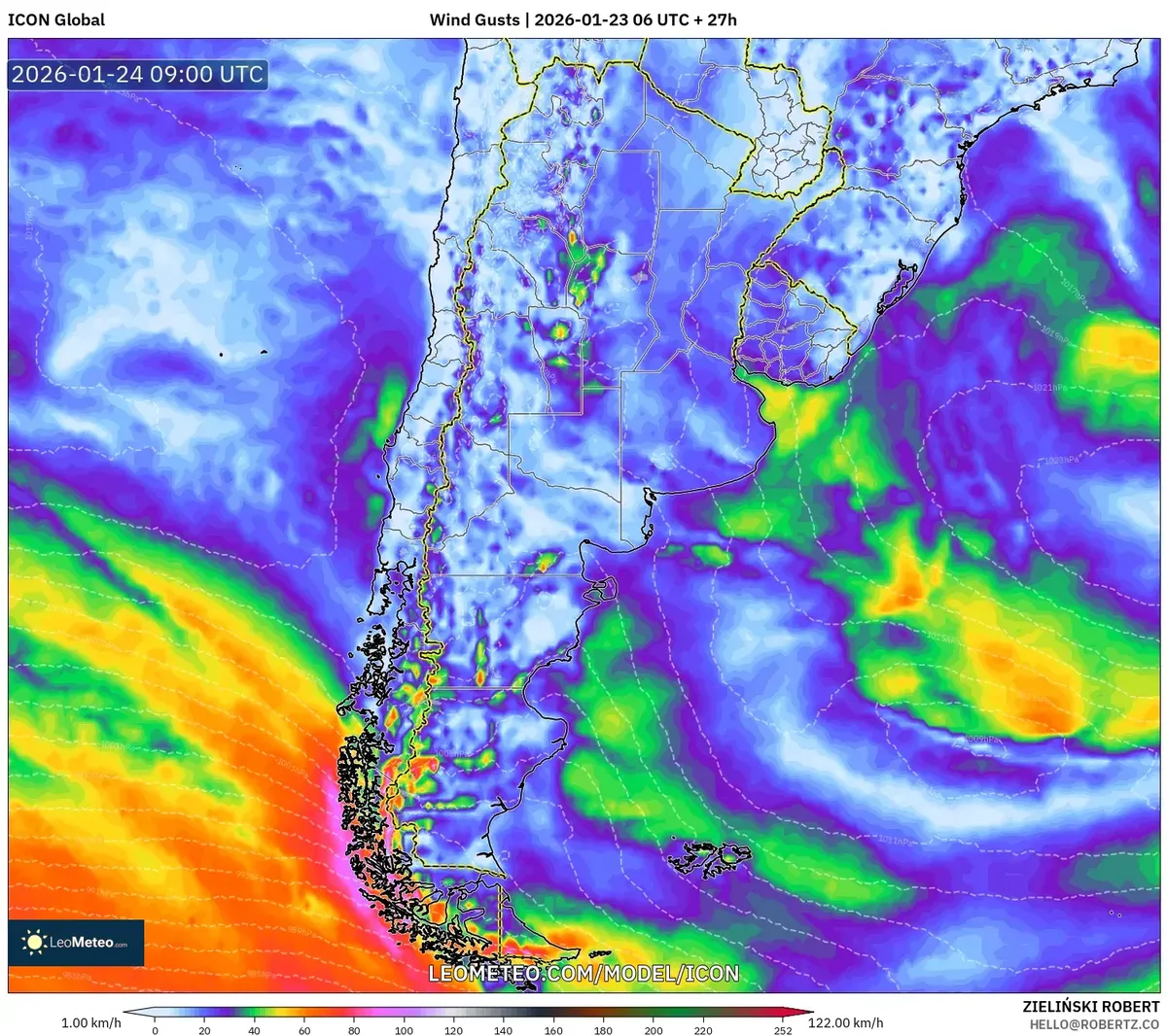 Fuertes ráfagas de viento a lo largo de la costa sur y los Andes – 23 de enero de 2026