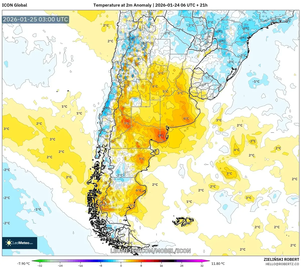 Anomalía de temperatura en el centro de Argentina – 24 de enero de 2026