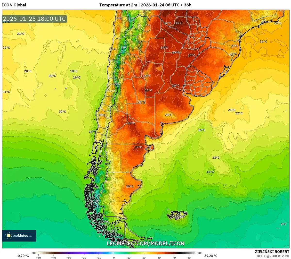 Pico de calor en el centro de Argentina – 24 de enero de 2026
