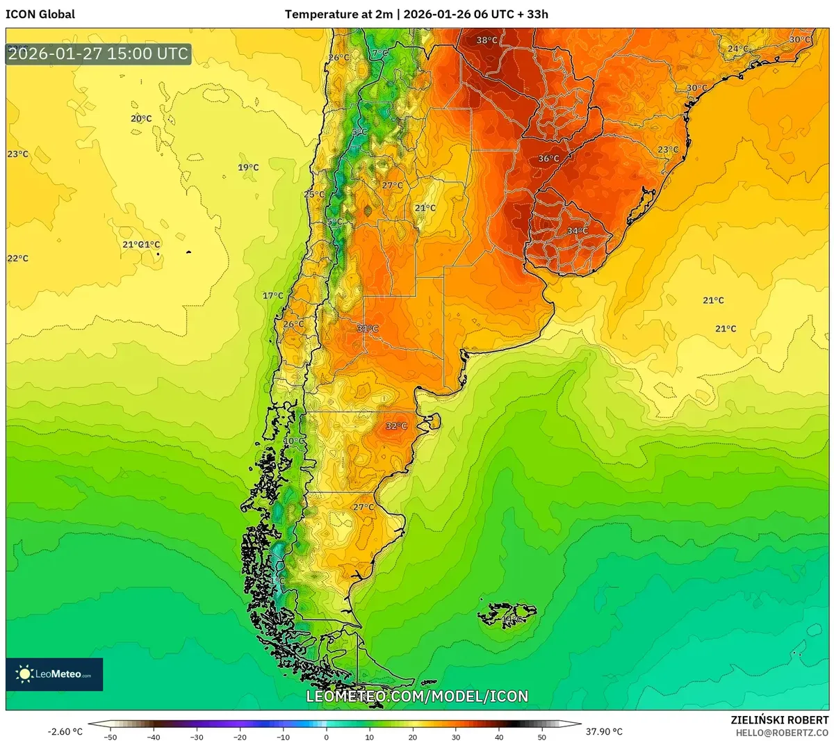 Calor máximo diurno en el centro de Argentina el 27 de enero de 2026
